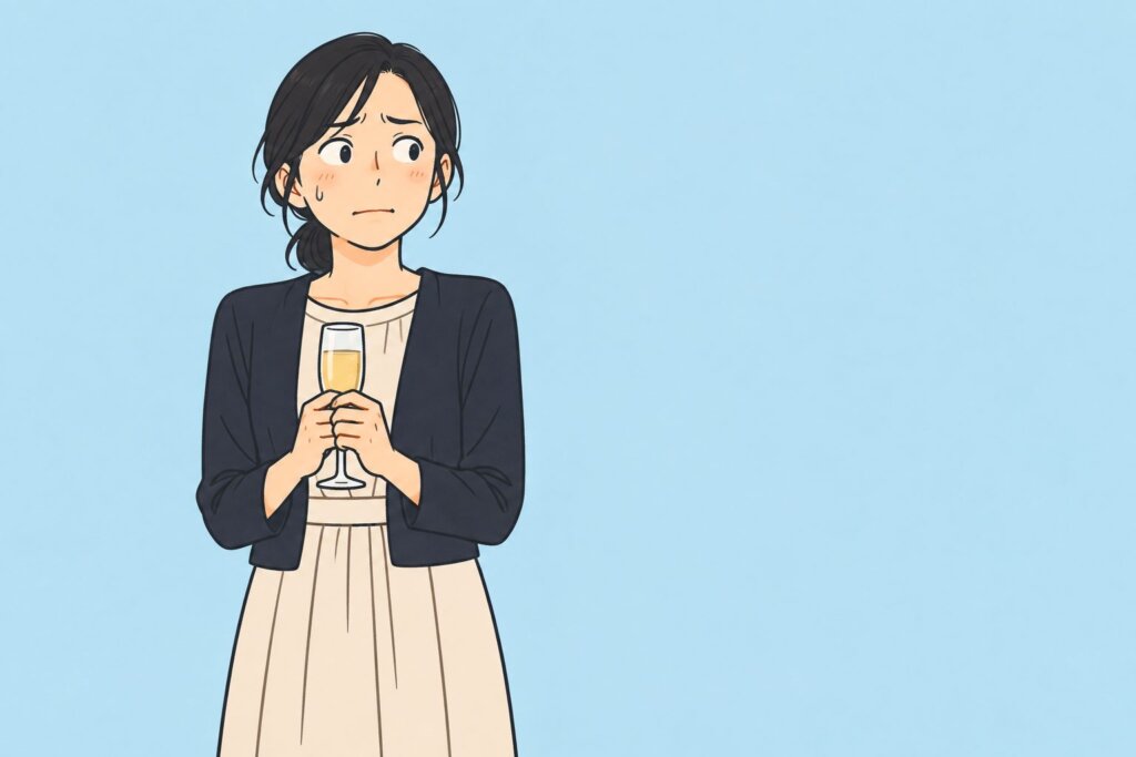 婚活パーティーの会場の端で、グラスを持って緊張した表情で立つ人見知りの女性