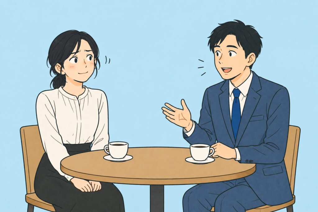 お見合いのカフェで、口数は少なくても男性の話にうなずいて聞く女性