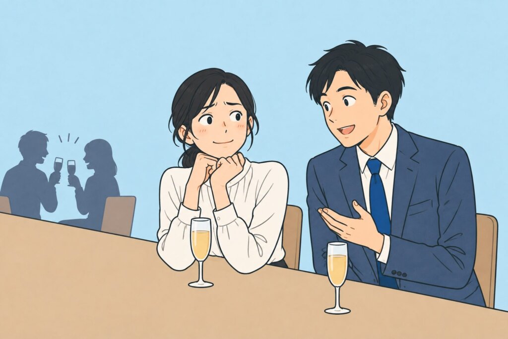 食事会で、端に座る女性の隣に移動して話を聞き出す男性