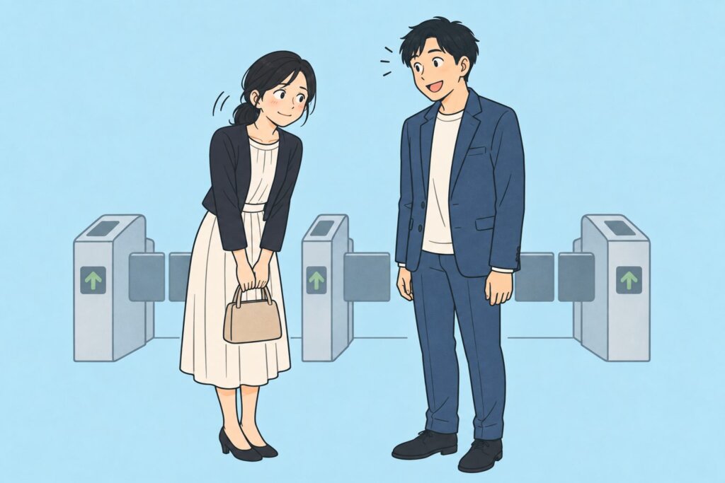 デートの帰りに駅の改札前で「ありがとう」と伝える女性と、うれしそうな男性