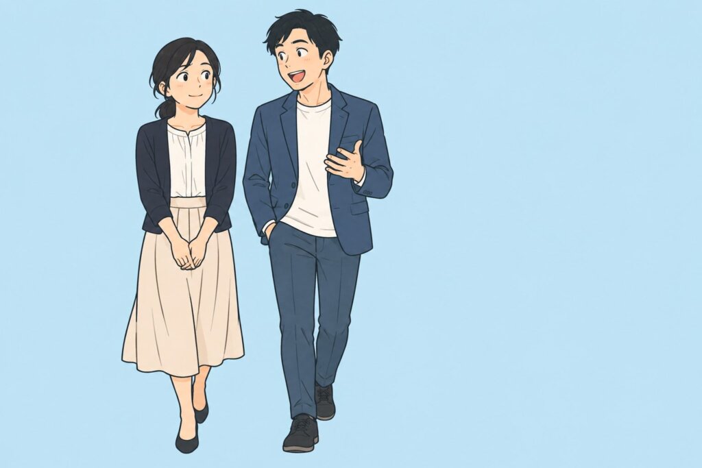 人見知りでも自分に合う相手と並んで歩き、落ち着いて話を聞く女性