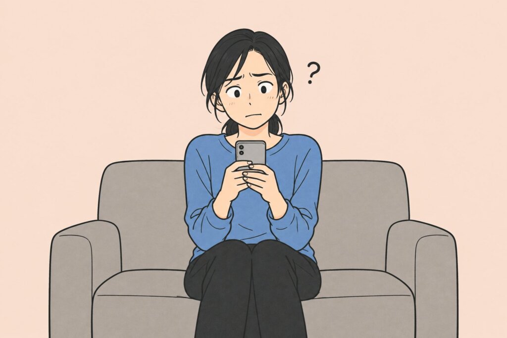 結婚の決め手がわからず、ソファでスマホを見つめて迷う女性