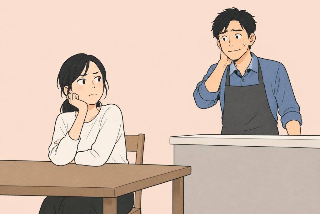 言い合いのあと、気まずいなりに「ご飯どうする?」と声をかける男性と、振り向きかける女性