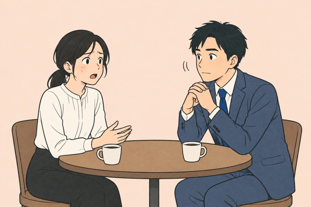 カフェで、言いにくいことを伝える女性と、真剣にうなずいて聞く男性