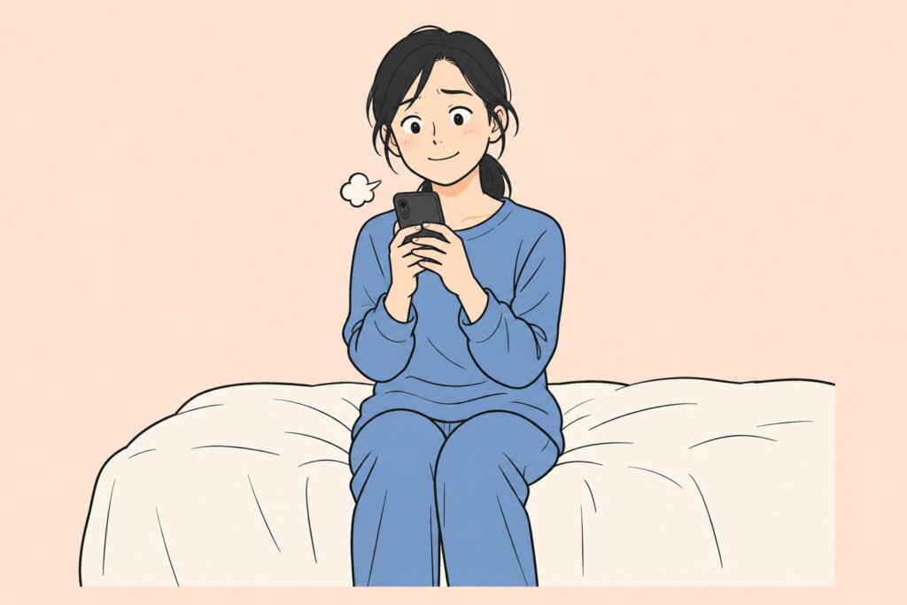 翌朝、届いたメッセージを読んでほっとする女性